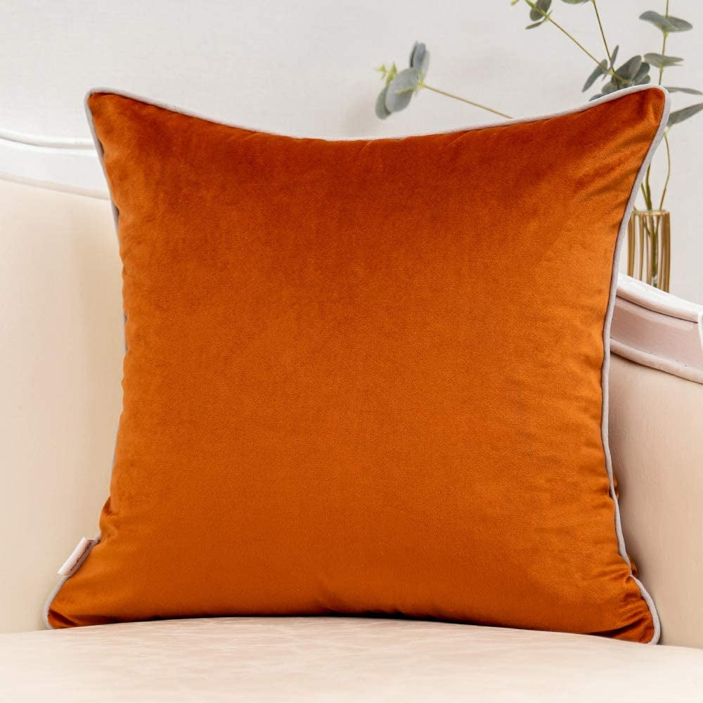 Burnt Orange Patchwork Velvet Throw Pillow Cover with Gold Striped Leather Cushion Case Modern Luxury Pillowcase for Sofa Couch Bedroom Living Room Home Decor,18"X18"