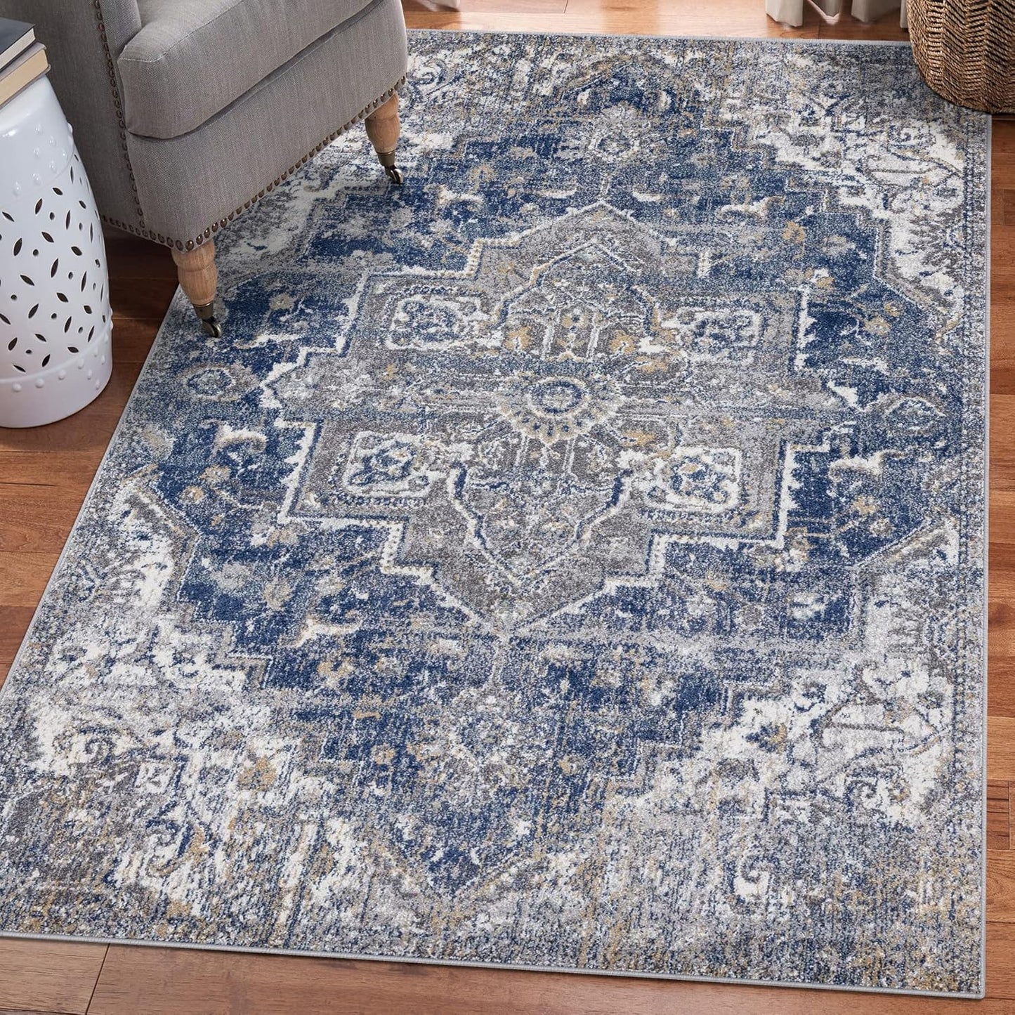 Bohemian Distressed Yellow Blue 8X10 Area Rug Plush Bedroom Carpet