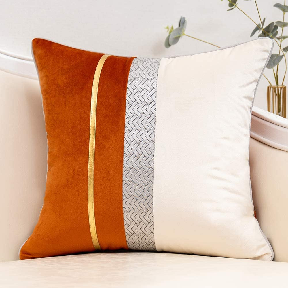 Burnt Orange Patchwork Velvet Throw Pillow Cover with Gold Striped Leather Cushion Case Modern Luxury Pillowcase for Sofa Couch Bedroom Living Room Home Decor,18"X18"