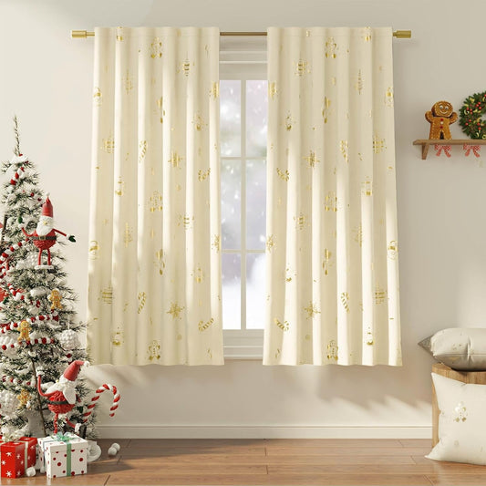 Christmas Curtains for Living Room, Gingerbread Man Snowflake Velvet Curtains 63 Inch Length 2 Panels Set, Light Filtering Back Tab Christmas Decorations, Golden Foil on Beige